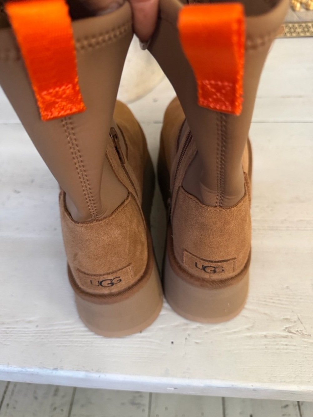 UGG Chestnut Brown Suede Ankle Boots with Orange Pull Tabs